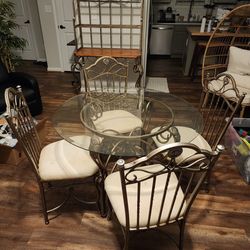 Metal Dining Set Glass Table 4 Chairs + Baker's Rack (Bundle)