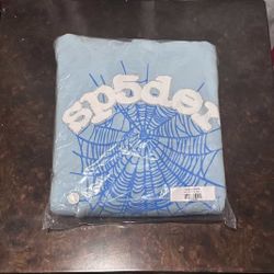 Sp5der Men's Graphic Fleece Hoodie Sky Blue White, Size Large