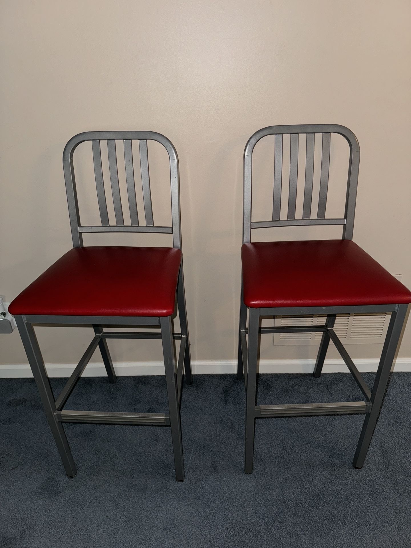 2 Red Silver Steel Bar Stool Chairs