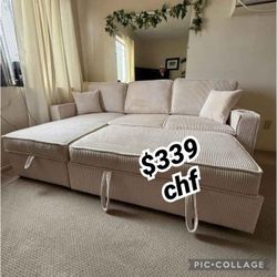 Beige Corduroy Sectional Sofa With Pull Out Bed  // Halloween deals 
