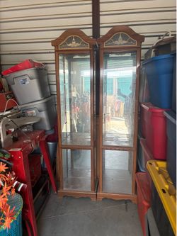 Vintage Oak Curio Display Cabinets (Pair)