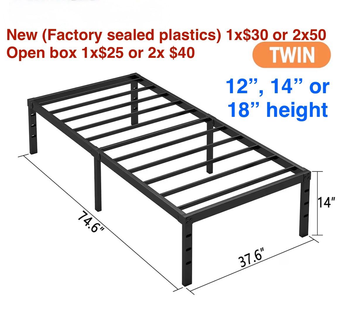 12, 14 or 18 Inch Twin Bed Frame, Heavy Duty, Black, Russell/Boulder Area