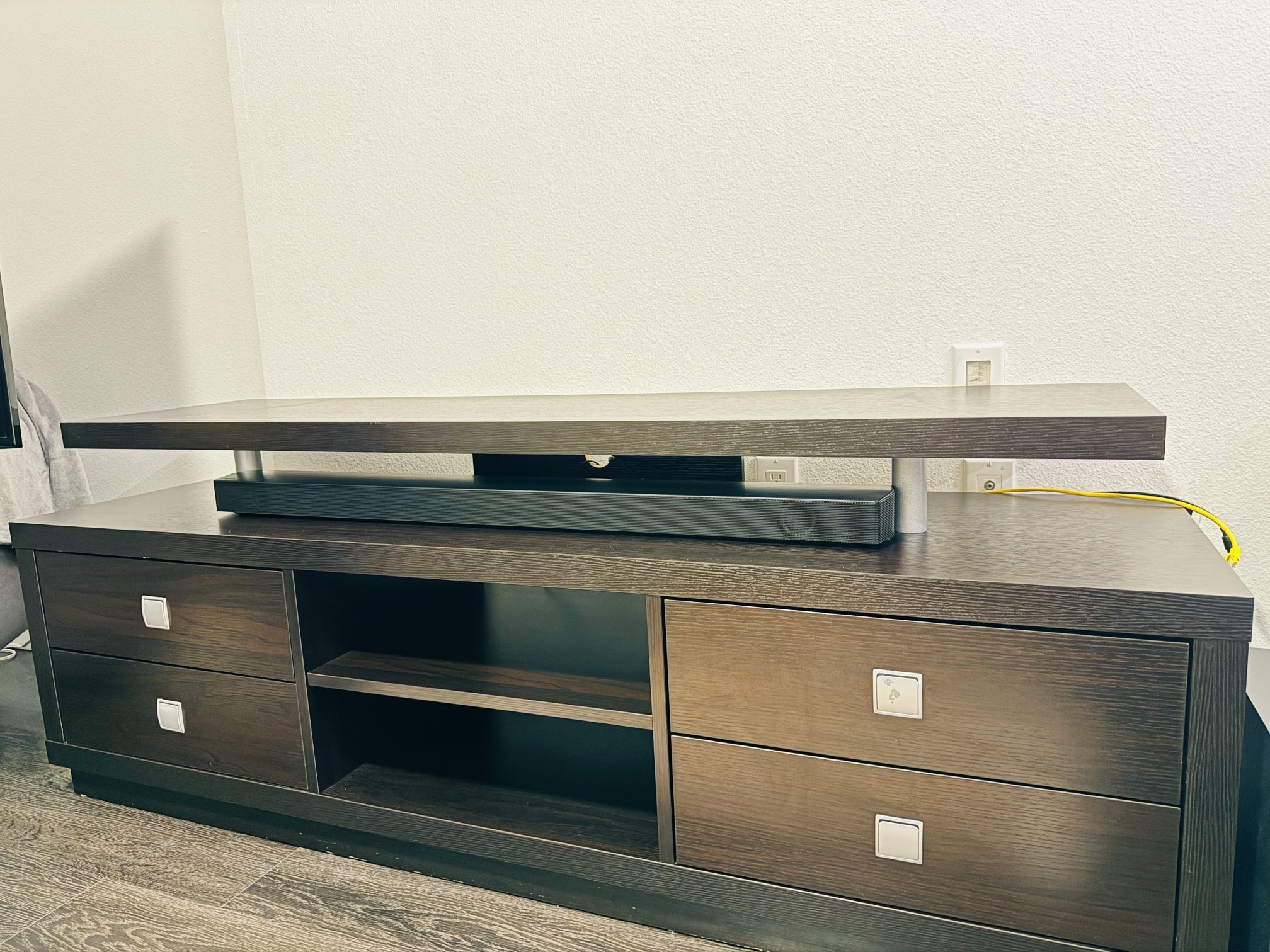 Modern Dark Wood TV Stand with Storage Drawers & Floating Shelf