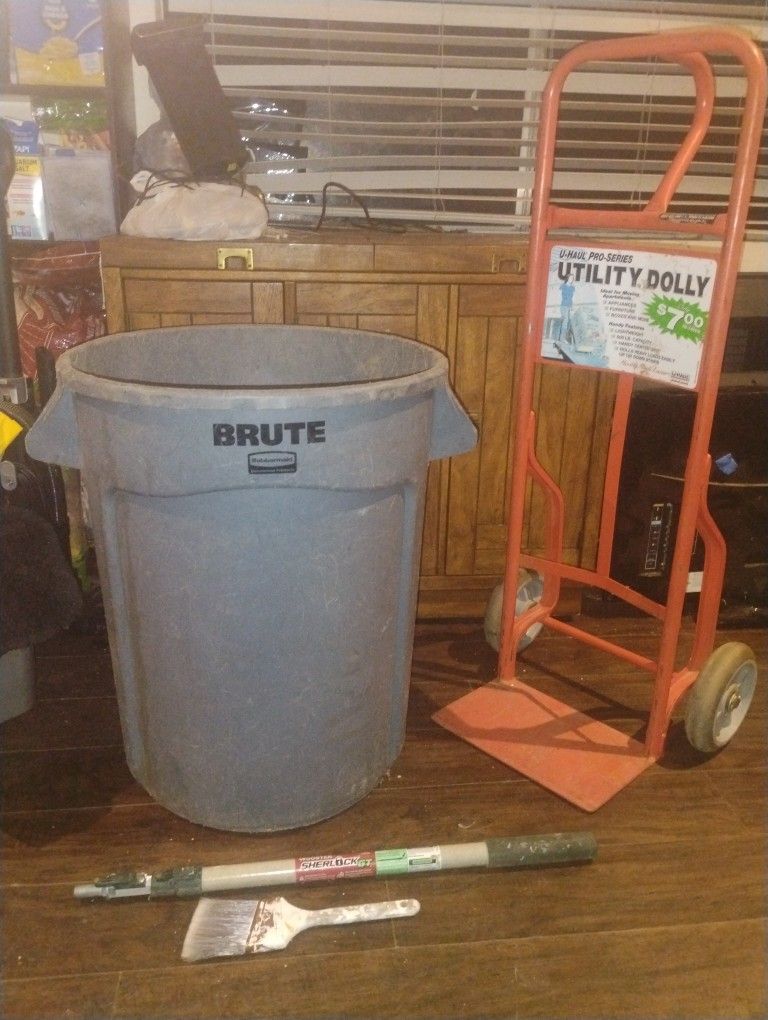 Tool Lot Brute Garbage Can, U-Haul Heavy Duty Dolly, Wooster Gt Convertible Painter Poll 3-6 Ft , Purdy Paint Brush.