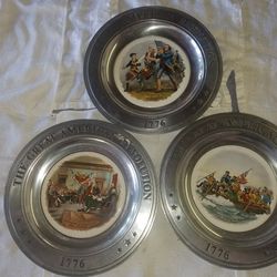The Great American Revolution 1776 Bicentenial three commemorative pewter and ceramic plates Canton, Ohio 1976 A68Y836