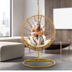 Candid Home Single Seater Nest Swing Chair with Stand & Cushion Outdoor Indoor Balcony Garden Patio,Powder Coated Frame,UV Protected Wicker, Premium C