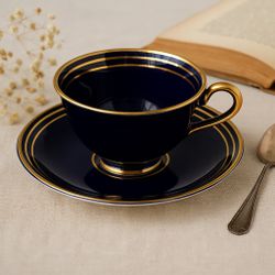 Lindner Kups Bavaria 1930s Echt Cobalt Gold Trim 188 Oval Espresso Cup & Saucer