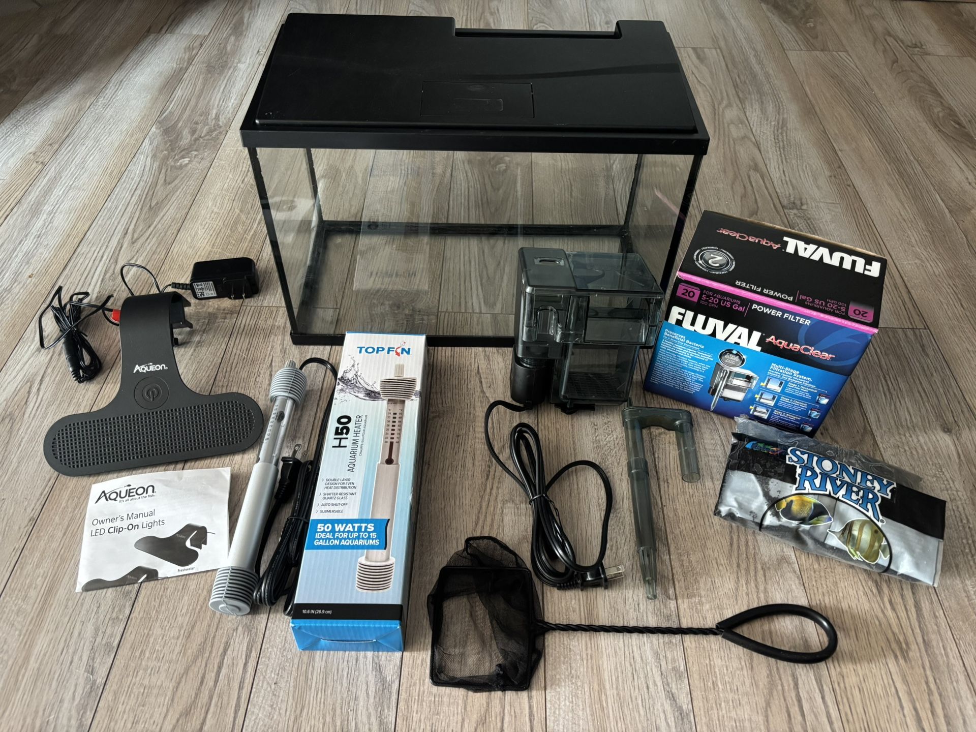 5.5 Gallon Fish Tank w/ Fluval Aqua clear Filter, 50 Watt Aquarium Heater, Aqueon Clip-On Light, Sand & Fish Net
