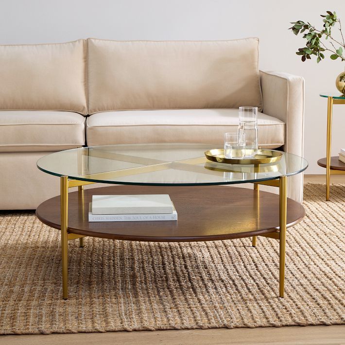 West Elm Mid-Century Modern Art Display Round Coffee Table – Glass Top, Walnut Shelf