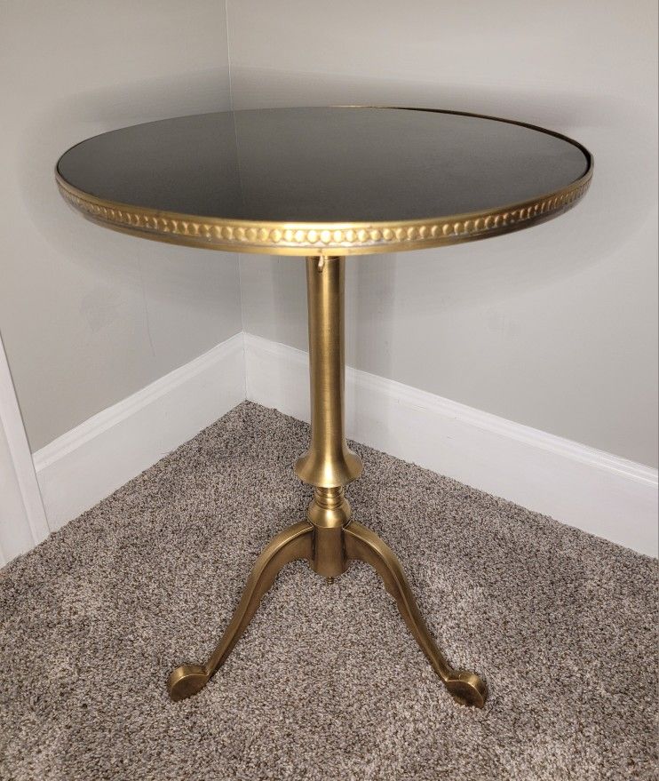 Adjustable Hollywood Regency Black Granite Solid Brass Pedestal End Side Table