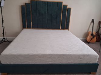 Art Deco Teal Velvet Bed Frame with Headboard and mattress