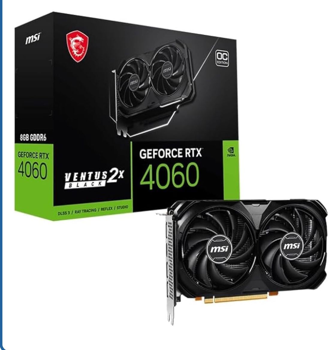 MSI GeForce RTX 4060 Ventus 2X Black 8G OC Gaming Graphics Card - 8GB GDDR6X, PCI Express Gen 4, 128-bit, 3X DP v 1.4a, HDMI 2.1a (Supports 4K & 8K HD