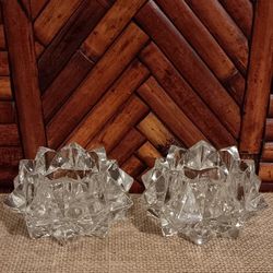Vintage Clear Glass Starburst Candle Holders, Pair 4" Glass Star Votive Candle Holders
