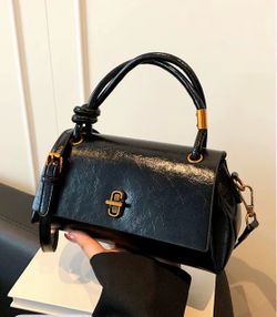 Black Leather Structured Handbag with Gold Hardware