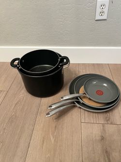 3 T-Fal Non Stick Skillets- Sizes 12” to 8” and Two Boiling Pots 6 & 8 Qt