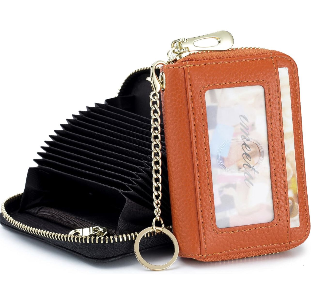 Wallet Orange , meetu RFID Credit Card Holder, Small Leather Zipper Card Case Wallet with Removable Keychain ID Window (Orange)