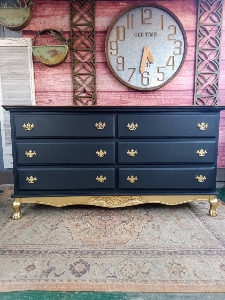 Matte Black Solid Wood Long 6 Drawer Dresser 