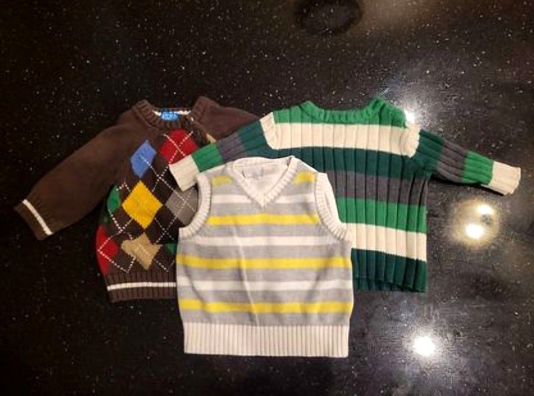 Lot Of 3, Size 6-9 Baby Boy Knitted Sweaters And Vest Diamonds And Stripes, The Children's Place