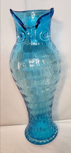 Vintage Tall Teal Owl Vase Murano Glass Teal Blue