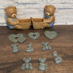 Vintage Teddy Bear Wall Pocket Plaques Set Bear & Heart Decor  1998  Made In USA