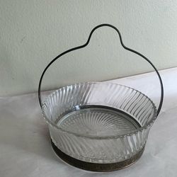 Vintage Ribbed Swirl Glass Basket w/ Brass Handle Trim | Mid-Century Candy Dish