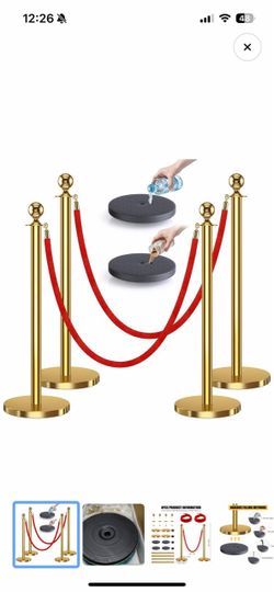 4 piece Gold Stanchion w/ Red Velvet Rope for Party Line, Parties & Banquet