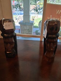 Carved Wood Tiki Head Figurines Set of 2
