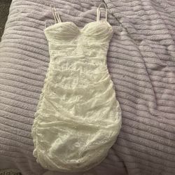 White Lace Mini Dress with Pearl Details