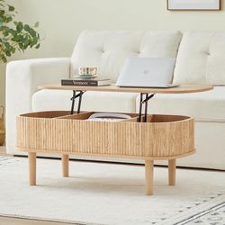 Fully Assembled Fluted Lift Top Coffee Table with Hidden Compartment, Wooden Center Table, Modern Oval Lift Tabletop for Home Living Room Office, Natu
