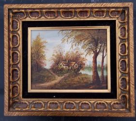 Perrine, House On Lake, framed landscape oil painting