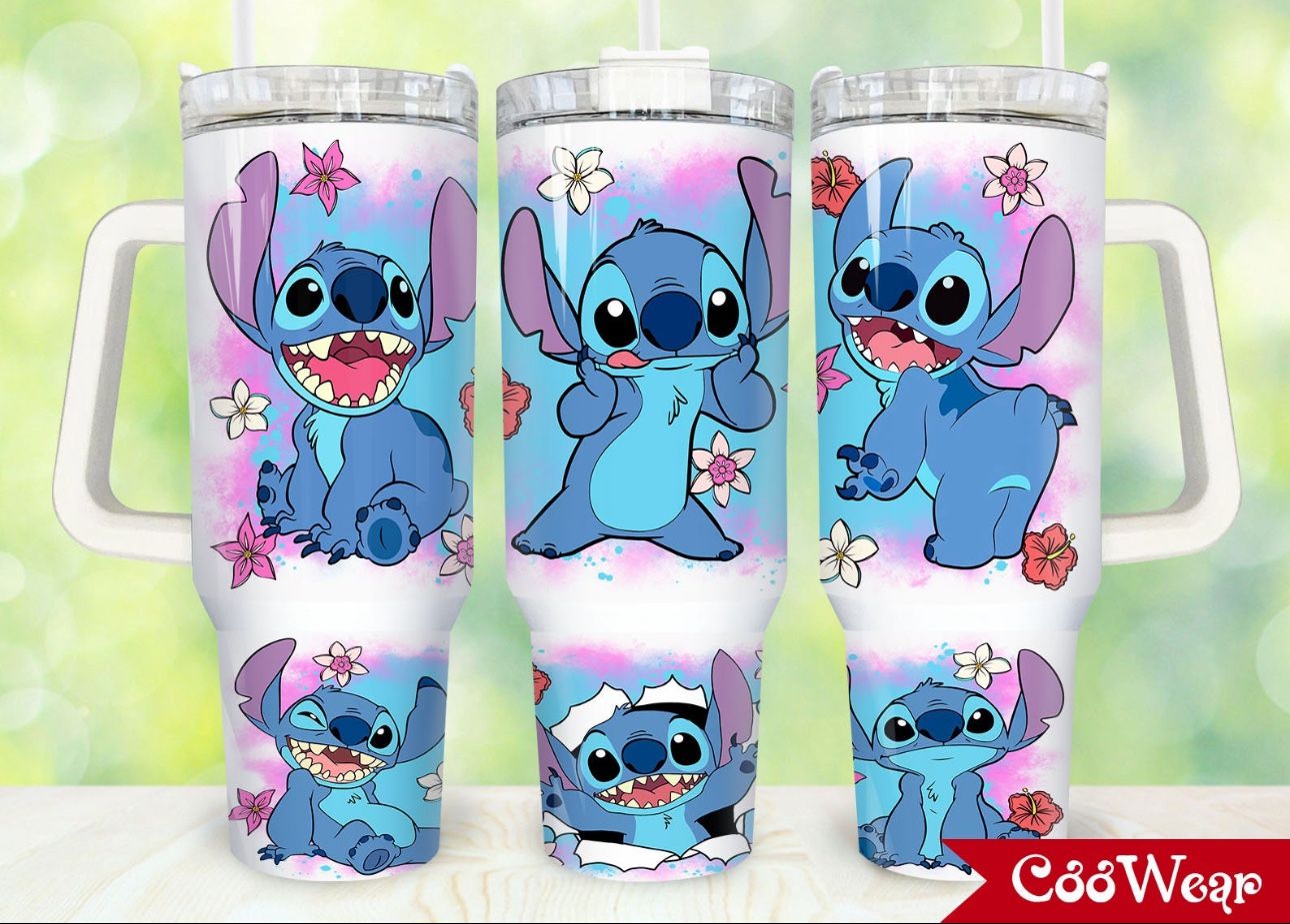 Custom 40oz Disney Floral Stitch Stanley Dupe White Tumbler