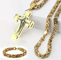 3-Pcs Uniquely Crafted Multi-Layer Titanium Cross Pendant With 24"Byzantine Chain Necklace and Bracelet