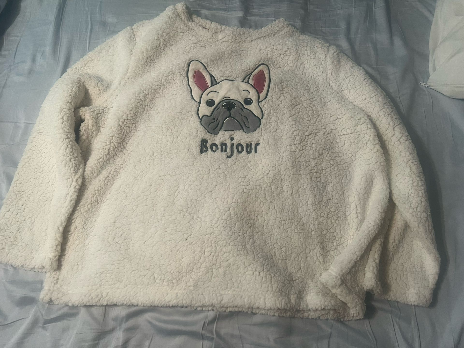 Vintage French Bulldog Womens Sweater XXL 18 -20 Thick Fleece Embroidered Bonjour
