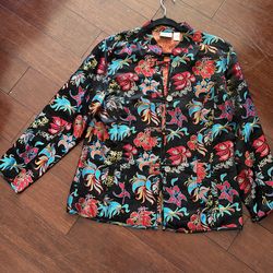 Brand chico's jacket colors red ,black ,turquoise, and gold long sleeve.