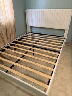 Modern White Upholstered Queen Bed Frame - Like New