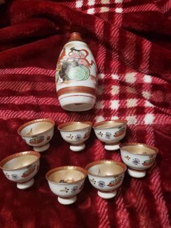 Vintage Japanese Porcelain Sake Set with 7 Cups