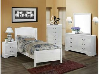 Brand new white twin bed frame + dresser + mirror + nightstand