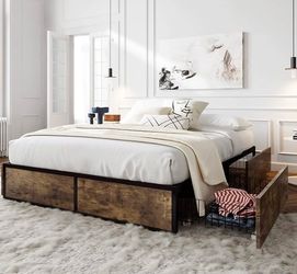 SHA CERLIN Queen Platform Bed Frame Drawers Metal and Wood