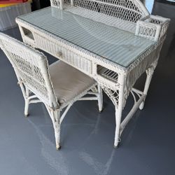 Vintage White Glass Wicker Desk