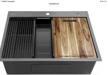 Glacier Bay 32 in Drop-In Single Bowl 18 Gauge Gunmetal Black Stainless Steel Workstation Kitchen Sink with Black Spring Neck Faucet