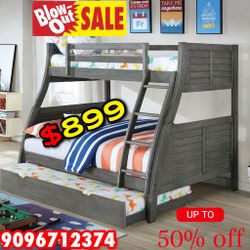 Twin/Full/Twin Gray Hoover Collection Bunk bed w. Orthopedic Mattresses Included 