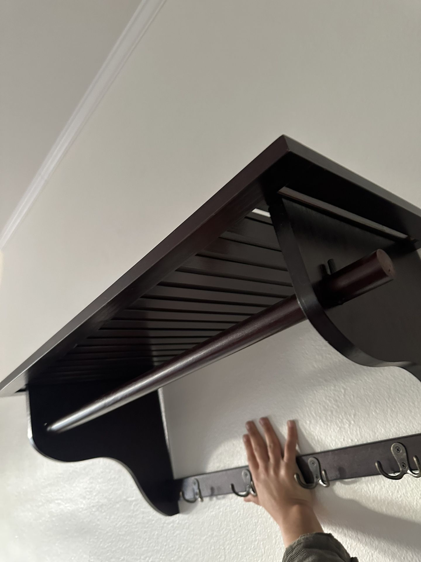 Wood Wall Shelf With Hooks And Hanging Rod