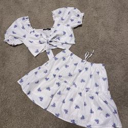 Cute 2 Piece Summer Set, White Flirty Set, Purple Flower Design, Top And Skirt
