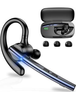Bluetooth Earpiece Dual Mic with 500mAh Charging Case 72H Talk Time Wireless Hand-Free Headsets with Mute Button for Cell Phone Calls Driving Computer