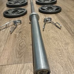 7 ft 45 lbs Rogue Olympic Bar (Gently Used)With BRAND NEW Weight Plates: 45s, 35s, 25s & 10s  Total: 275 lbs