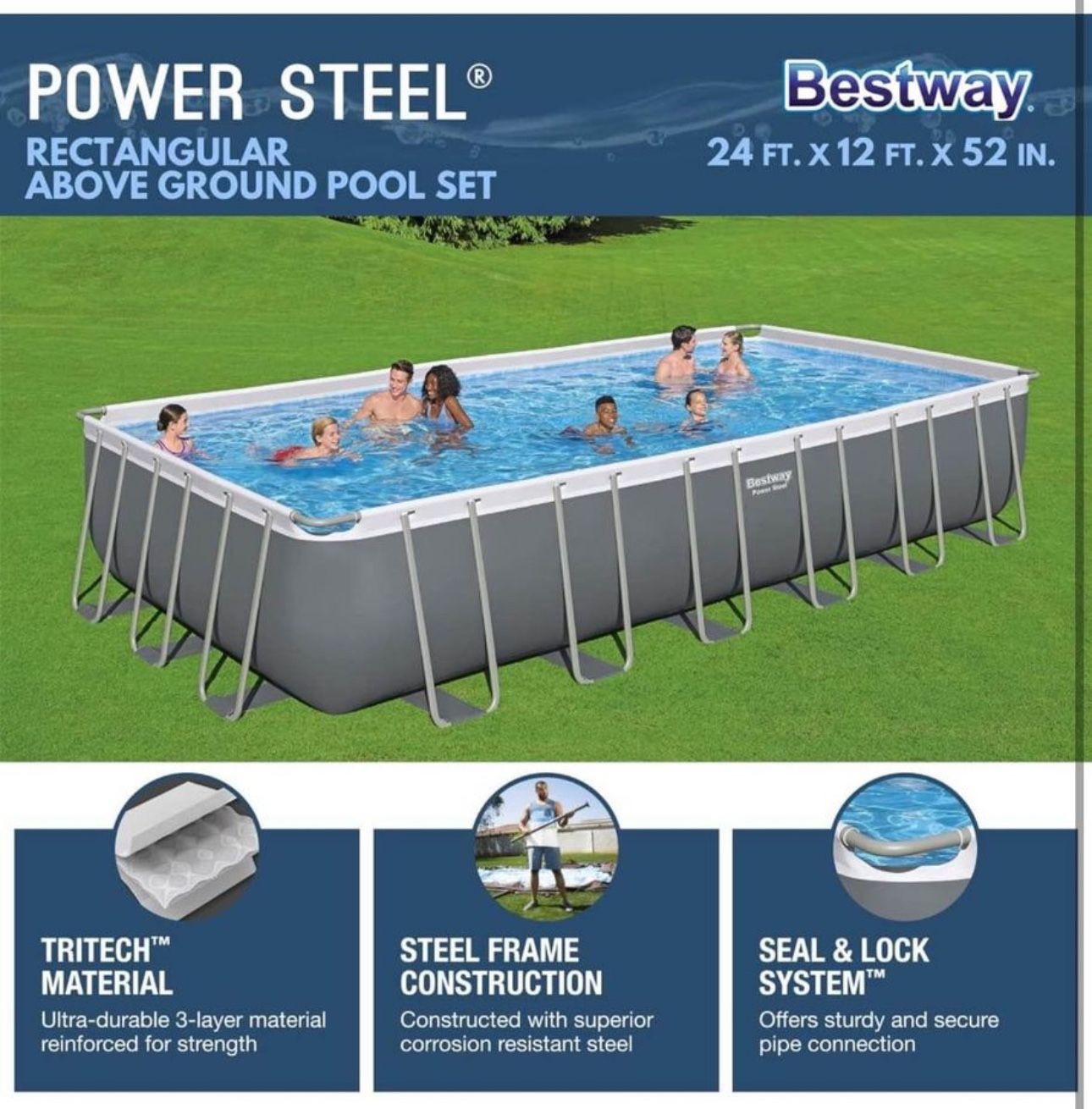 Bestway Power Steel 24' x 12' x 52" Rectangular Metal Frame Above Ground Swimming Pool Set with 1500