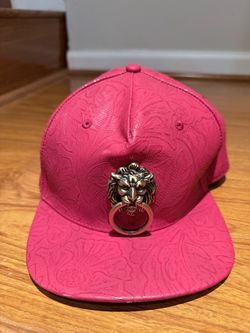 Red Embossed Leather Snapback Hat with Lion Badge