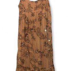 Anthropology XS Tan and brown sequin maxi dress with a flowy design   sequin dress, maxi length, flowy silhouette, tan brown, embroidered pattern, ele