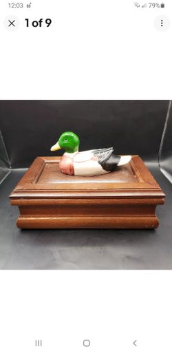 Vintage 1982 Albert E Price Inc Porcelain Mallard Wood Trinket Box W/Padded  Lid