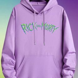 Rick And Morty Men Cartoon & Letter Graphic Kangaroo Pocket Drawstring Hoodie XL